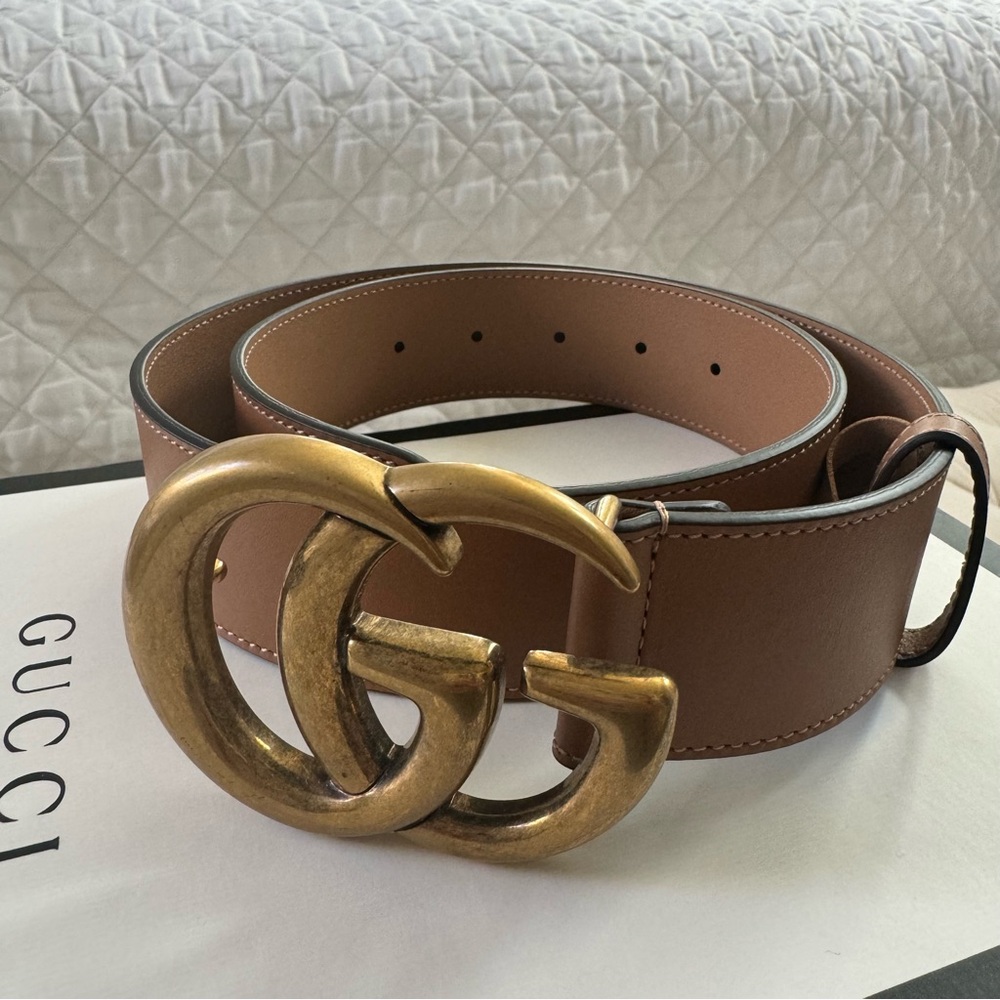 Gucci GG Marmont Wide Leather Belt (Natural Tan)